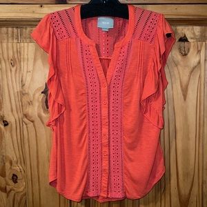 Anthropologie Maeve orange flutter sleeve button down knit top. Size XS.…